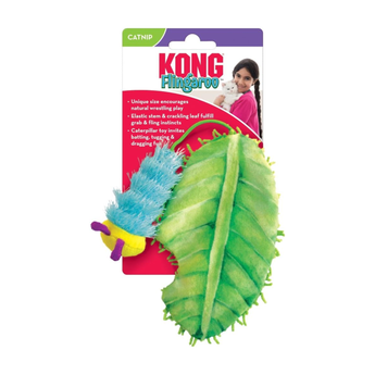 White background with a blue and yellow KONG Flingaroo Caterpillar cat toy attached to a green plush leaf, attached to a cardboard backing.