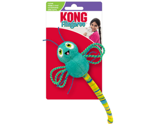 White background with a KONG Flingaroo Dragonfly cat toy, the main body is made from green fabric with a stripy yellow, blue and green tail, attached to a cardboard backing.