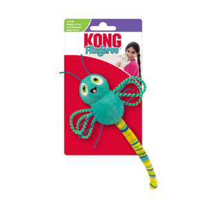 White background with a KONG Flingaroo Dragonfly cat toy, the main body is made from green fabric with a stripy yellow, blue and green tail, attached to a cardboard backing.