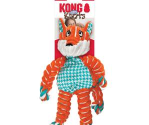 Orange and white stripy fabric Fox Dog Toy with blue and white checked fabric ears and belly attached to a cardboard backing, pictured on a white background.