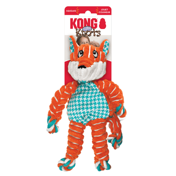 Orange and white stripy fabric Fox Dog Toy with blue and white checked fabric ears and belly attached to a cardboard backing, pictured on a white background.