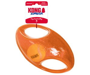 White background with an orange KONG Jumbler football attached to a cardboard tag.