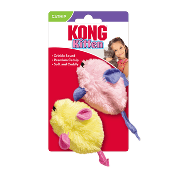 One fluffy yellow mouse cat toy with a black nose with pink ears, tail and feet and one fluffy pink mouse cat you with a black nose with purple ears, tail and feet. Packaged on a backing card with a girl and kitten on with text 'KONG Kitten' and bullet points 'Crinkle sound, premium Catnip, Soft and Cuddly' in white text on a red background. All pictured on a white background.