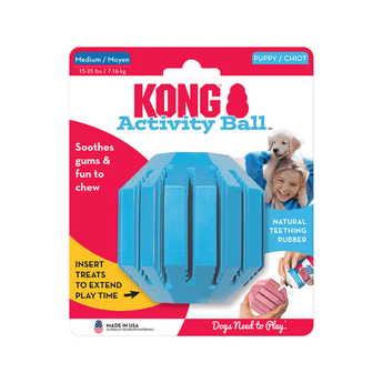 White background with a pack of one blue KONG Activity Ball for puppies, pictured on the pack is a girl holding a Labrador puppy.