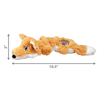 Small plush orange fox with white underside rope dog toy lying on a white background with measurements to the left 2" and underneath 10.5".