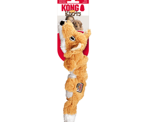 Plush orange fox with white underside rope dog toy attached to a backing card, on a white background.