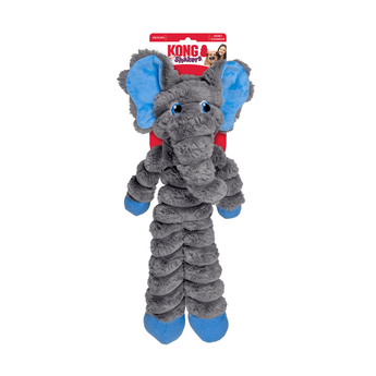 Grey soft fabric and rope Elephant KONG Dog Toy with a blue ears, eyes and feet attached to a cardboard backing, pictured on a white background.