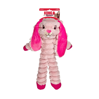 Pink soft fabric and rope rabbit KONG Dog Toy with a pink eyes, bright pink ears and feet attached to a cardboard backing, pictured on a white background.