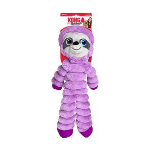 Pale purple soft fabric and rope sloth KONG Dog Toy with a blue eyes and purple feet attached to a cardboard backing, pictured on a white background.