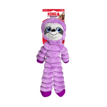 Pale purple soft fabric and rope sloth KONG Dog Toy with a blue eyes and purple feet attached to a cardboard backing, pictured on a white background.