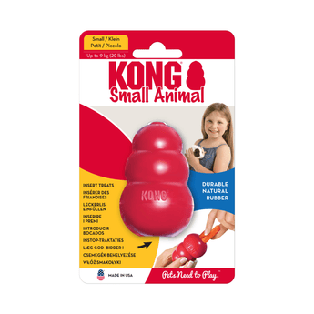 Small red kong in packaging, text on packing 'Kong Small Animal'