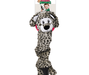 Snow Leopard long dog toy, with a cartoon style face attached to a backing card, on a white background.