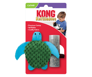 Blue turtle cat toy with a green waffle fabric shell, stitched eye details. Packaged on a backing card with a boy and kitten on with text 'KONG Refillables' and bullet points 'Premium Catnip, Refillable and Cuddly Fabric' in white text on a red background. All pictured on a white background.