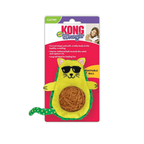 White background with green and yellow avocado shaped cat toy with a brown 'wool ball' centre. The Avocado has cat ears and cat features including whiskers, a tail and paws, while wearing sun glasses attached to cardboard backing.