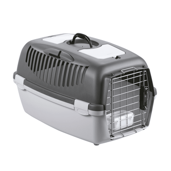 White background with a Krusse Stefanplast size 3 Travel Crate. The crate is light and dark grey plastic with a closed metal door.