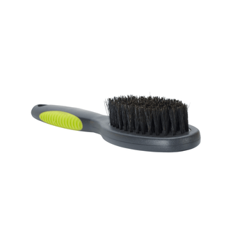 White background with a grey plastic brush with green padded handle and boar hair bristles pictured.