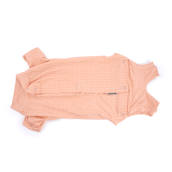 White background with a top view of a geometric peach bodysuits for dogs pictured.