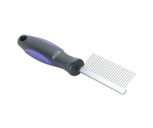 White background with a side view of a black BUSTER Coarse Comb with a focus on the metal teeth and a purple grips on the handle.