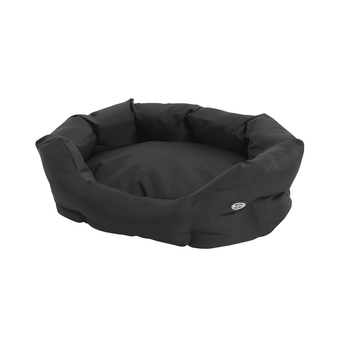 Oval bolster-type black dog bed pictured on a white background.