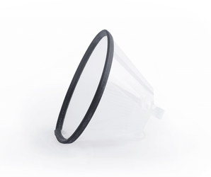 White background with an Elizabethan style transparent plastic recovery collar with a black rim.