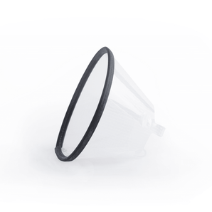 White background with an Elizabethan style transparent plastic recovery collar with a black rim.