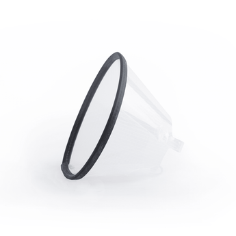White background with an Elizabethan style transparent plastic recovery collar with a black rim.
