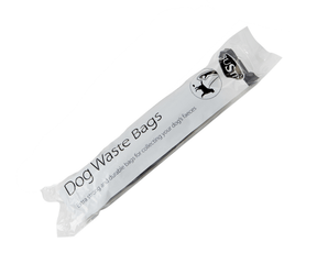 White background with a single roll of BUSTER Dog Waste Bags, on the packet text stays 'Extra strong and durable bags for collecting your dog's faeces'.