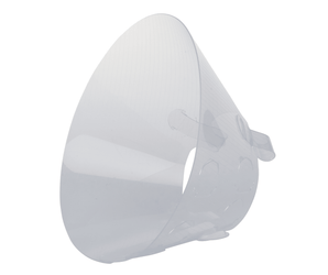 White background with an Elizabethan style transparent plastic recovery collar.