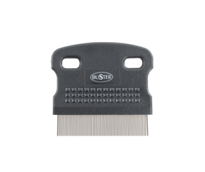 White background with a black flea comb with metal teeth pictured, with white text on the comb 'BUSTER'.