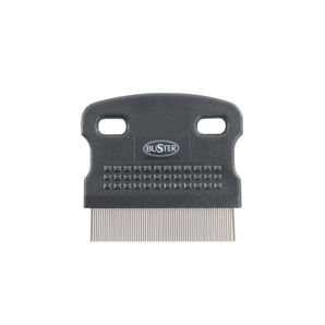 White background with a black flea comb with metal teeth pictured, with white text on the comb 'BUSTER'.