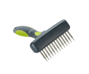 White background with a small black plastic brush with green grip handle and short metal comb teeth pictured.