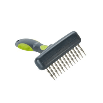 White background with a small black plastic brush with green grip handle and short metal comb teeth pictured.