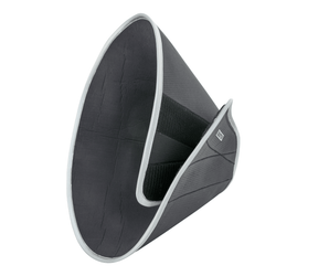White background with a black Elizabethan style foam recovery collar with a grey rubber trim.