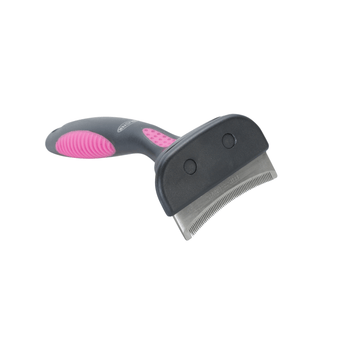 White background with a small black plastic brush with pink grip handle and a metal comb teeth pictured.