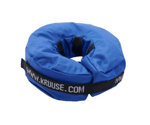 White background with an donut style blue nylon recovery collar.