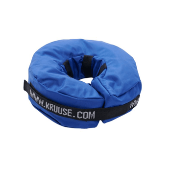 White background with an donut style blue nylon recovery collar.