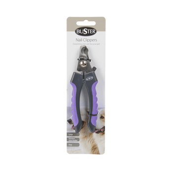 White background with a large black BUSTER Nail Clipper with purple grips on the handle attached to a cardboard backing.