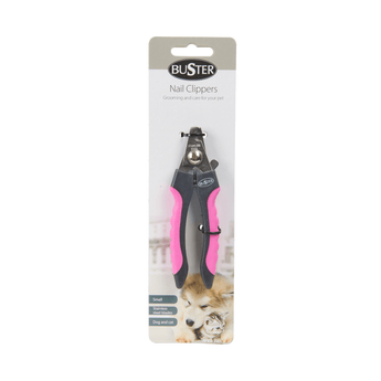 White background with a small black BUSTER Nail Clipper with pink grips on the handle attached to a cardboard backing.