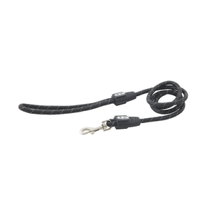 White background with a 8mm black BUSTER Reflective Rope 120 cm Lead with grey reflective thread strips.
