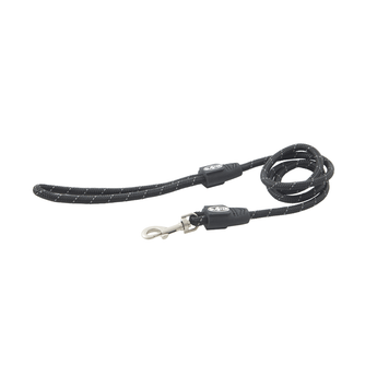 White background with a 8mm black BUSTER Reflective Rope 120 cm Lead with grey reflective thread strips.