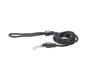 White background with a 8mm black BUSTER Reflective Rope 180 cm Lead with grey reflective thread strips.