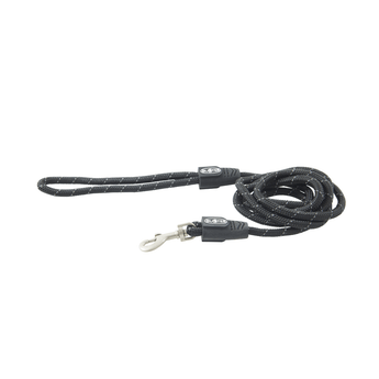 White background with a 8mm black BUSTER Reflective Rope 180 cm Lead with grey reflective thread strips.
