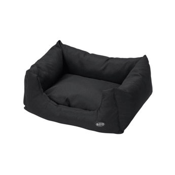 Bolster-type black dog bed pictured on a white background.