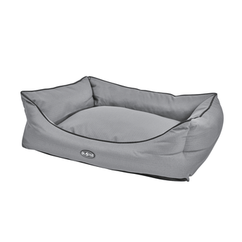A rectangle Bolster-type grey dog bed with black trimming pictured on a white background.