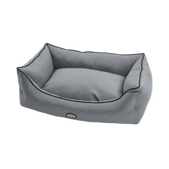 A rectangle Bolster-type grey dog bed with black trimming pictured on a white background.