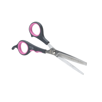 White background with a pair of black and pink handled BUSTER thinning scissors with 'BUSTER' in white text on the handle.