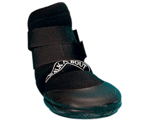 White background with a black dog boot pictured. The boot has a rubber front and white text above which says 'Walk A Bout'.