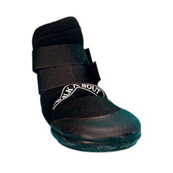 White background with a black dog boot pictured. The boot has a rubber front and white text above which says 'Walk A Bout'.