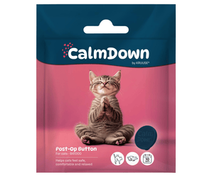 CalmDown by KRUUSE product packaging with a cat on a pink background