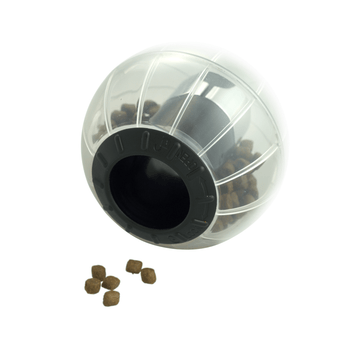 White background with a Kruuse Catmosphere treat dispenser, with a black trim and transparent body with cat treats visible inside.
